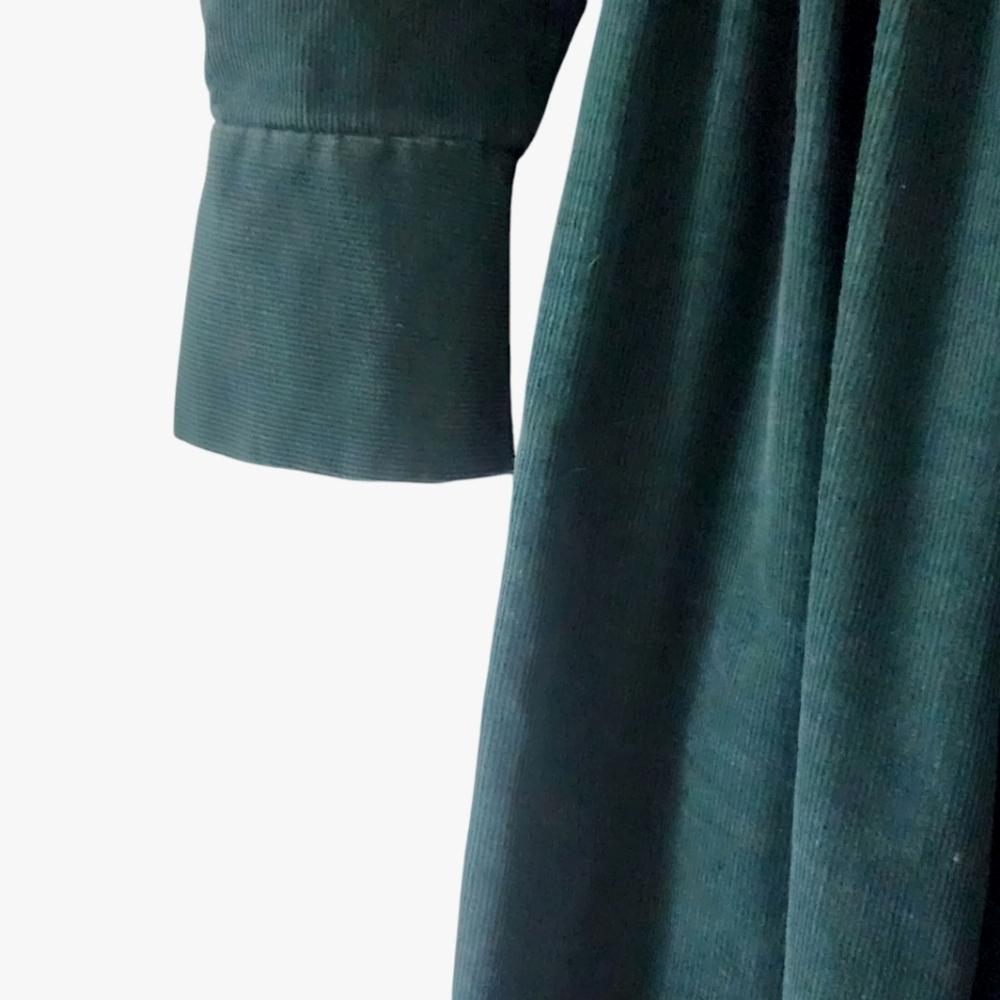 80's Norma Kamali Drop Waist Puff Sleeve Green Corduroy Button Down Dress Small - Picture 11 of 12